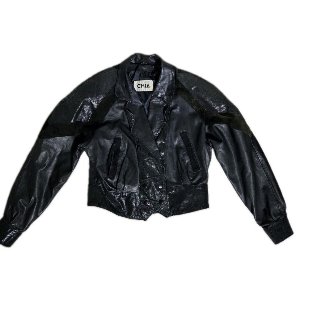 Vintage CHIA Black Leather Cropped Moto Jacket Womens Medium Suede Trim EUC